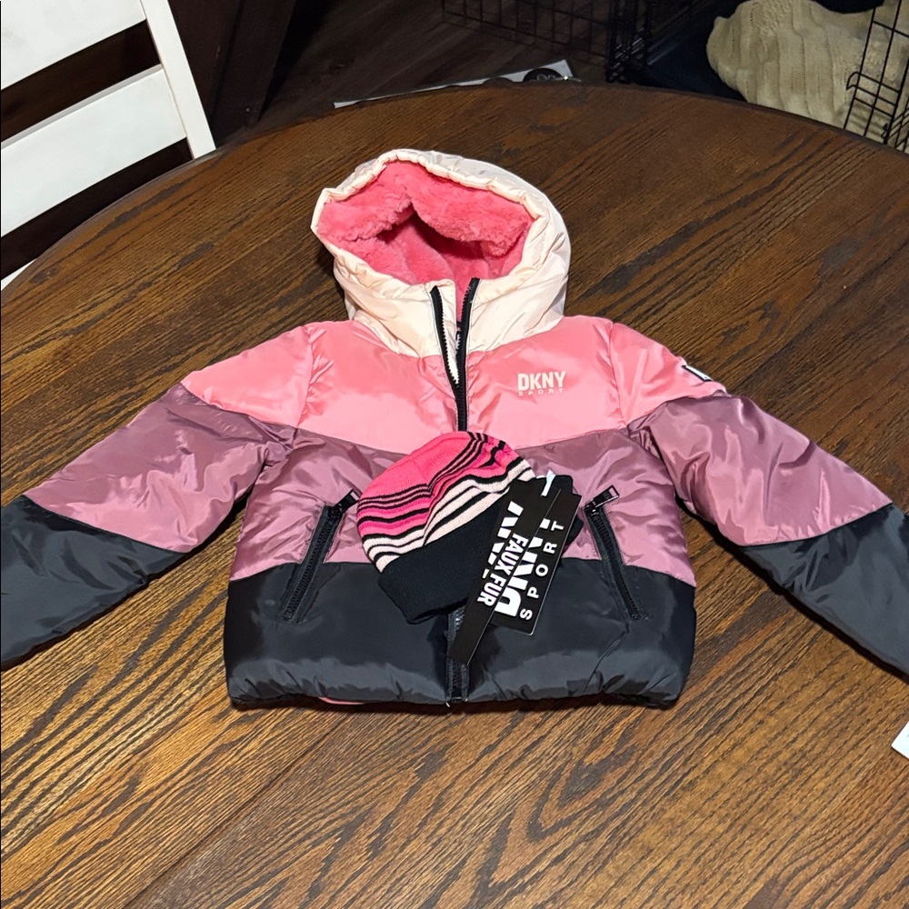 DKNY Girls Colorblock Puffer Jacket in Pink and Black